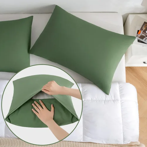 Vista 4 de JELLYMONI Juego de 2 fundas de almohada de algodón tamaño King, color verde, de 20 x 36 pulgadas, 100% algodón lavado, suave y transpirable