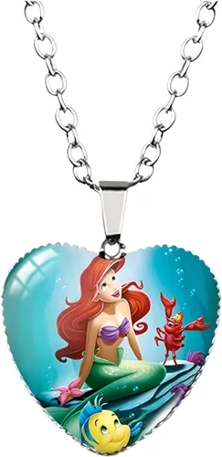 Vista 4 de 925 Sterling Silver Mermaid Necklace For Girls 4-6, The Little Mermaid Heart Necklace Glass Printed Photo Pendant, Handmade Jewelry For Boys And