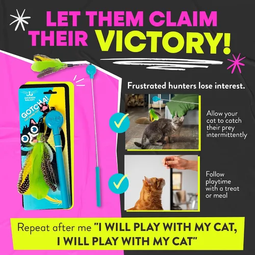 Vista 5 de Jackson Galaxy Gotcha! Juguete de varita para gatos, juguete retráctil para juegos atractivos, varita telescópica con plumas naturales para gatos