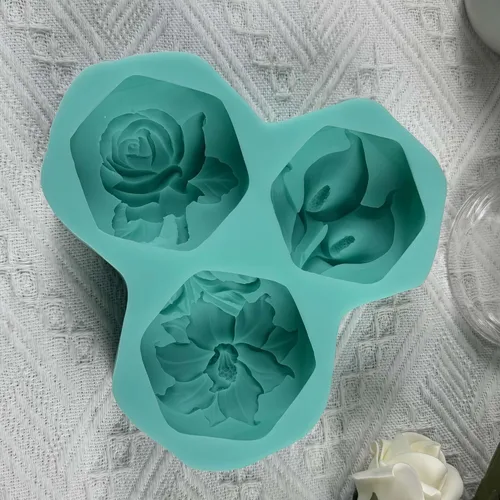 Vista 8 de Molde de jabón hexagonal para alivio de flores, 3 cavidades, molde de silicona para jabón natural, vela perfumada, cera de chocolate, mousse