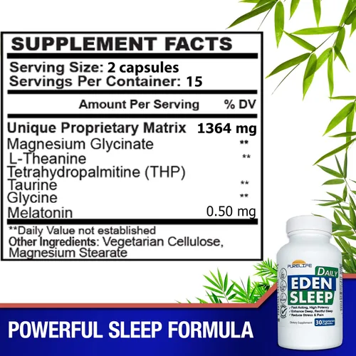 Vista 3 de Eden Daily Sleep [Nueva fórmula libre de GABA] - Duerme más rápido, relaja tu cuerpo, promueve un sueño profundo y reparador (30 cápsulas veganas)