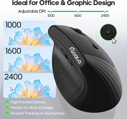 Vista 3 de Ergonomic Vertical Mouse, Silent Wireless Bluetooth Mouse BT5.0 and 2.4G, 3 Adjustable DPI for PC,Mac,Laptop,Computer,Home,Office Use (BLACK)