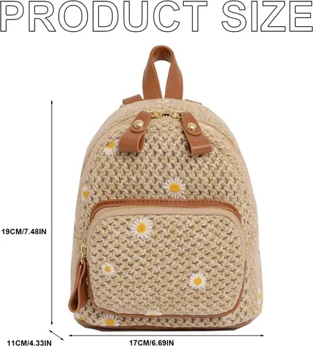 Vista 6 de OWGSEE Mochila de paja de ganchillo tejida a mano de moda de verano para mujer, Caqui