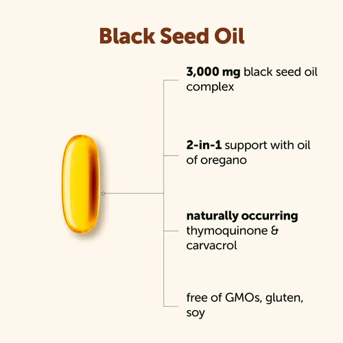 Vista 2 de Micro Ingredients Aceite de semilla negra de 3,000 mg, 120 cápsulas blandas Fórmula 2 en 1 con aceite de orégano, carvacrol y timoquinona A base