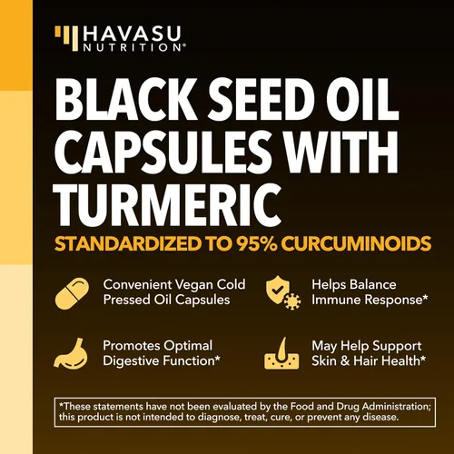 Vista 3 de Cápsulas de aceite de semilla negra con suplemento de curcumina de cúrcuma, 30 porciones