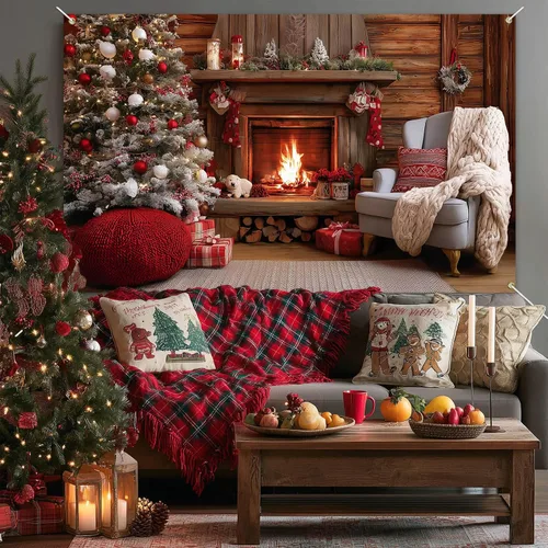 Vista 4 de HOMETITUTE Cartel navideño para chimenea de 71 x 43 pulgadas, acogedor telón de fondo navideño con adornos para árbol de Navidad, fondo cálido fuego