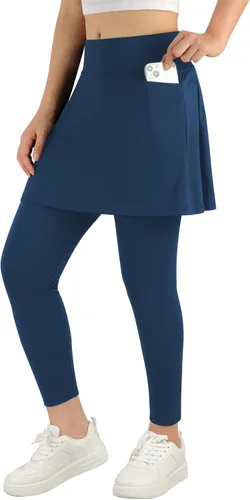 Vista 4 de ANIVIVO Leggings con forro polar hasta la rodilla para mujer, con falda, cálidos para invierno, con bolsillos con cremallera