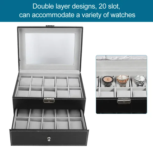 Vista 6 de 20 Grid Double Layer Watch Storage Box Container With Transparent Cover, Watch Display Box Cabinets & CasesWatch Accessories
