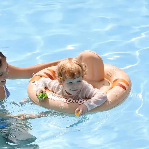Vista 7 de Flotador inflable de natación para bebé con asiento seguro y toldo para niños de 6 a 36 meses beige dog