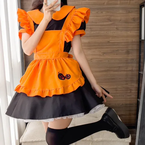 Vista 5 de Trajes de sirvienta de calabaza para mujer, vestido Lolita, restaurante, murciélago, vampiro, criada mágica, bordado, Halloween, cosplay