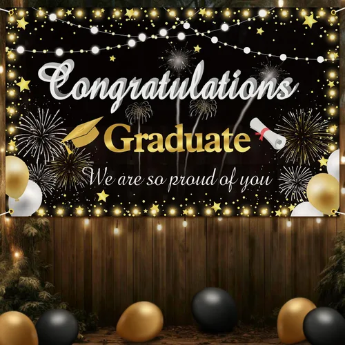 Vista 3 de Congrats Grad Banner 2024 – Telón de fondo negro dorado para decoraciones de graduación de clase 2024 y fondo de fotografía