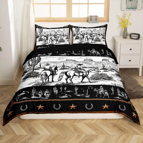 Vista 3 de Manfei Juego de funda de edredón occidental, tamaño individual, juego de ropa de cama de caballo de vaquero de 2 piezas, funda de edredón de cactus