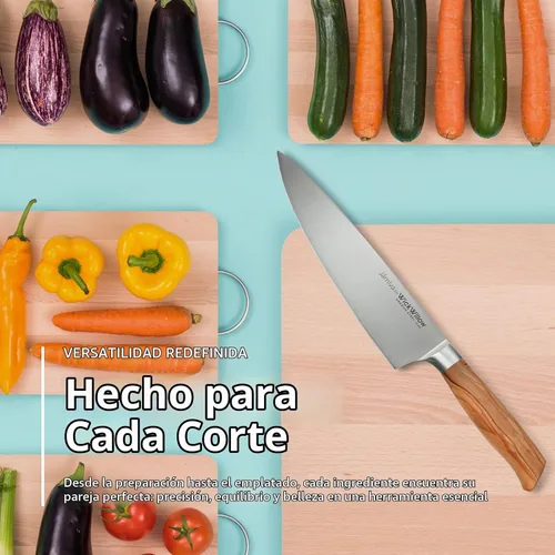 Vista 8 de WICKWILLOW - Cuchillo de chef de 8 pulgadas – Cuchillo de cocina de acero sueco ultra afilado con mango de madera de olivo italiano – Cuchillo