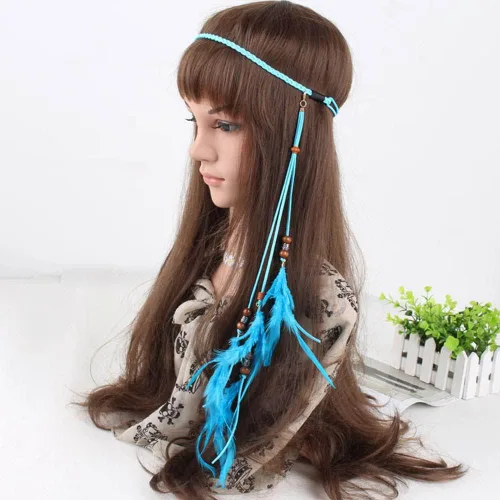 Vista 12 de Jumwrit Diadema de plumas bohemias, diadema india hippie gitana, tocado con borlas de plumas negras, cuerda de cáñamo con cuentas, accesorios