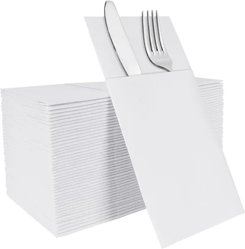 Vista 16 de Servilletas negras desechables con sensación de lino con bolsillo integrado para cubiertos, preplegadas para cuchillos y tenedores, servilletas
