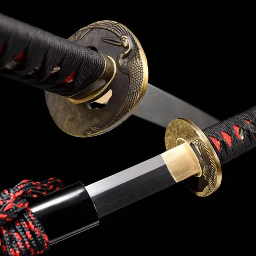 Vista 4 de OYZ - Espada Katana de samurái japonesa, templada en arcilla, acero T10, Choji Hamon real, espada con Tsuba, hoja afilada, espada completa hecha a