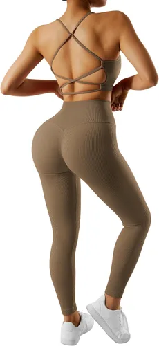 Vista 4 de OMKAGI Conjunto de entrenamiento acanalado para mujer, sin costuras, brasier deportivo con tiras y levantamiento de glúteos