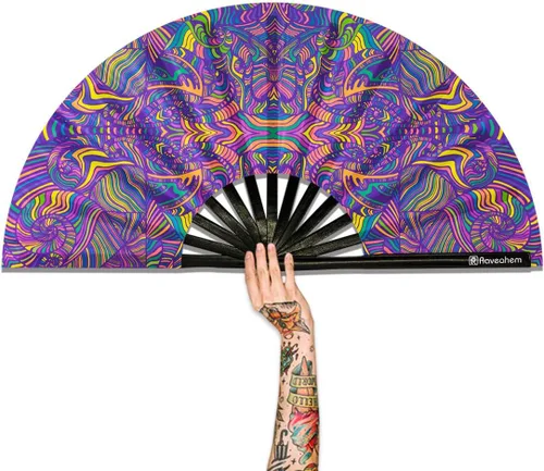 Vista 23 de Abanico Plegable Grande, Abanico Rave Clack de 13 Pulgadas, Abanico de Mano para Mujeres y Hombres con Tela de Satén Premium, Marco de Bambú Grueso