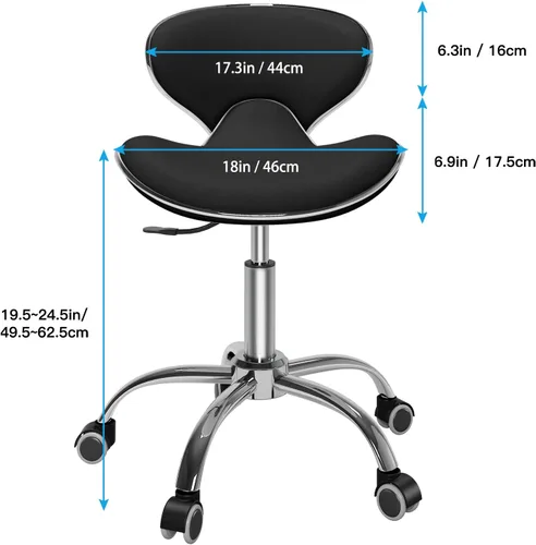 Vista 2 de SALONFACTORY Taburete con ruedas ajustable multiusos negro con respaldo Heavy Duty 400Lbs, 360 giratorio con ruedas, 5 pulgadas ajustable