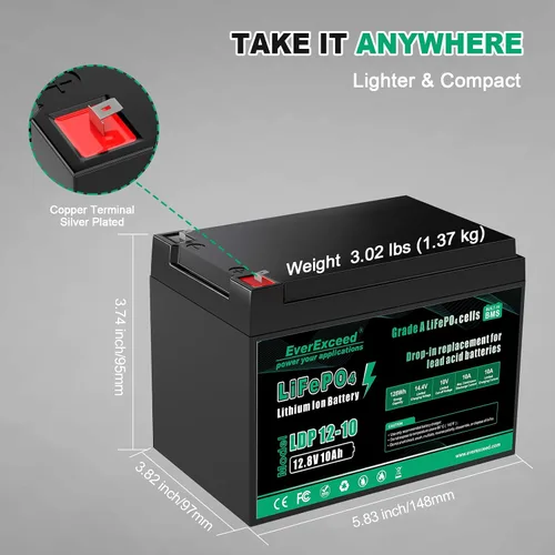 Vista 3 de EverExceed - Batería LiFePO4 de 12V 10Ah con BMS de 10A incorporado, más de 3000 ciclos profundos, batería de litio de 12V para buscador de peces