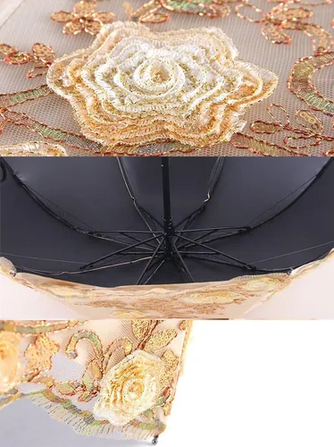 Vista 32 de Honeystore Sombrilla bordada con flor 3D plegable UV con encaje clásico