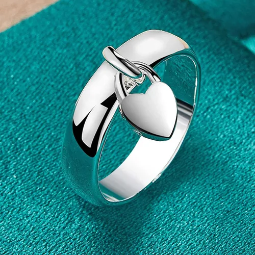 Vista 4 de Anillo de plata de ley 925 con forma de corazón colgante con cierre de corazón clásico para mujer, anillo de moda general