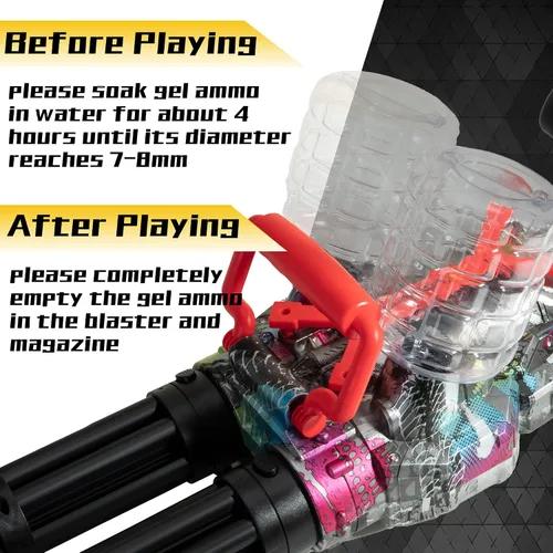 Vista 5 de Gatling - Juguete de gel Splat Blaster Gatling - Barriles giratorios duales - Luz LED colorida - Totalmente automático - Batería recargable de 7.4 V