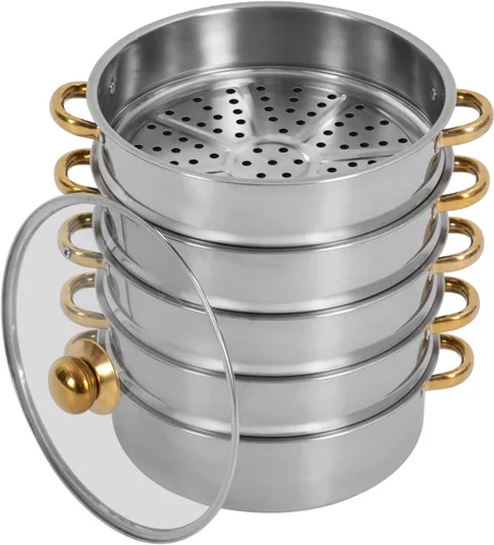 Vista 13 de Vaporizador de acero inoxidable de 5 niveles con asas, olla de vapor para cocinar carne y verduras con tapa y asa, olla de vapor redonda con sartén