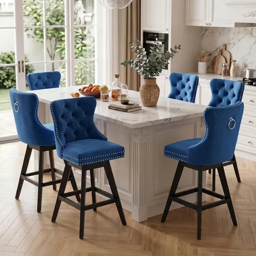 Vista 272 de SoarFlash Juego de 2 taburetes de bar tapizados de terciopelo moderno con patas de madera, botones acolchados, cabeza de clavo cromada, asiento