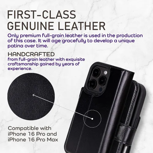 Vista 102 de Bayelon Funda tipo cartera para iPhone 15 Pro, cartera de cuero de grano completo, funda magnética desmontable, tarjetero, funda tipo cartera