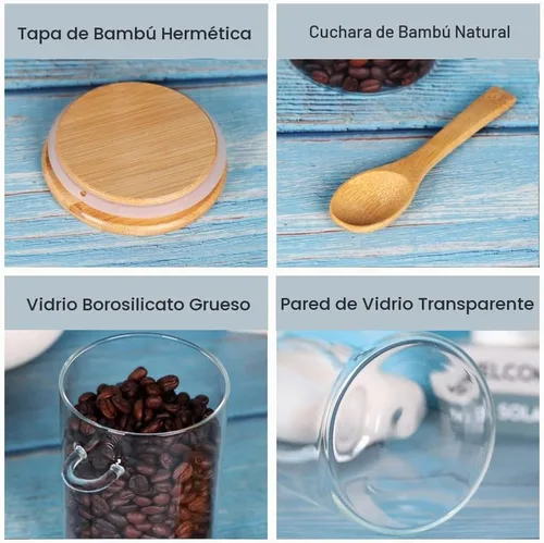 Vista 3 de Tarro de vidrio con tapa y cuchara de bambú, paquete de 8 recipientes de té de 10 onzas para té de hojas sueltas, recipientes de sal y azúcar