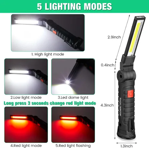 Vista 2 de Honoson - Juego de 4 luces de trabajo LED Honoson recargables con base magnética, gancho para colgar y rotación de 360°, 5 modos de linterna LED