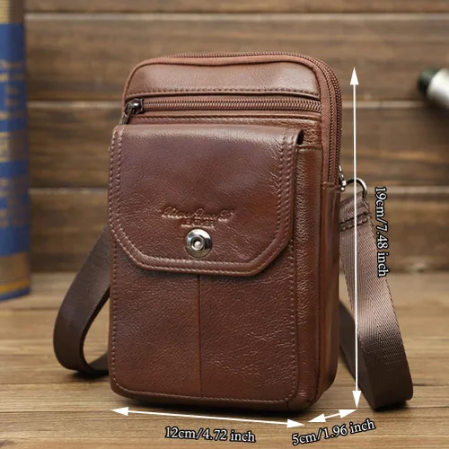 Vista 4 de Riñonera de piel de vaca de capa superior para hombre, riñonera lateral, bolsa para teléfono inteligente, modelo 8-marrón
