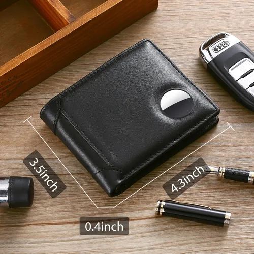 Vista 8 de Swallowmall AirTag Billetera para hombre con bloqueo RFID, de piel auténtica, plegable, para AirTag con 1 ventana de identificación, 13 tarjeteros