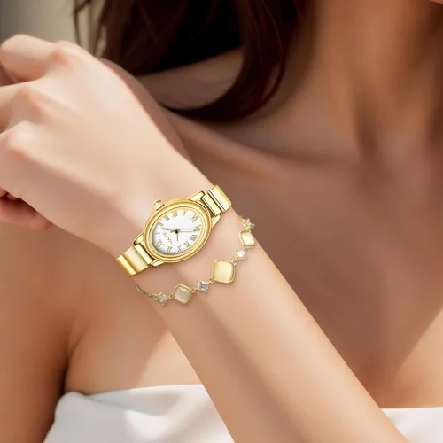 Vista 6 de Relojes pequeños de oro para mujer, reloj analógico para mujer con banda de expansión de acero inoxidable, esfera romana ovalada, resistente al agua