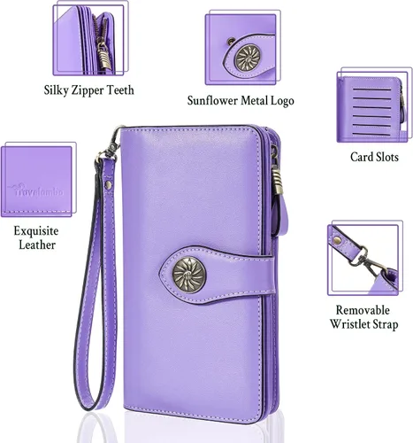 Vista 5 de Travelambo Cartera de mujer con bloqueo RFID para tarjetas de crédito, cartera de cuero de gran capacidad