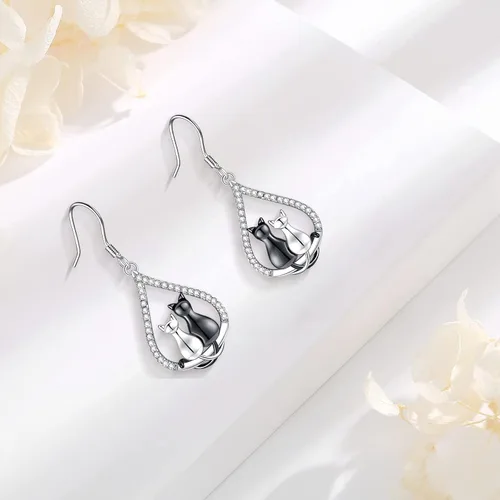 Vista 182 de Aretes colgantes de plata de ley con diseño de árbol de la vida, flor, abeja, animales, gato, colibrí, piedra lunar, turquesa, aretes con cierre