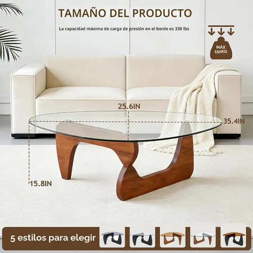Vista 3 de Mesa de centro para sala de estar, mesa de centro pequeña con parte superior de vidrio templado triangular y patas de madera, mesas de centro