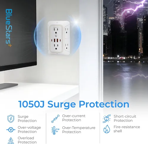 Vista 8 de Regletas de corriente para montaje en pared, cargador de pared, extensor de 6 enchufes, 4 puertos USB (5V, 2.4A, 12W) y luz nocturna, regleta