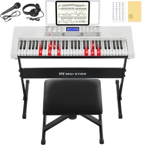 Vista 10 de Teclado de piano de 61 teclas, piano eléctrico con teclas iluminadas, 255 tonos/ritmos, sistema de aprendizaje inteligente, auriculares, micrófono