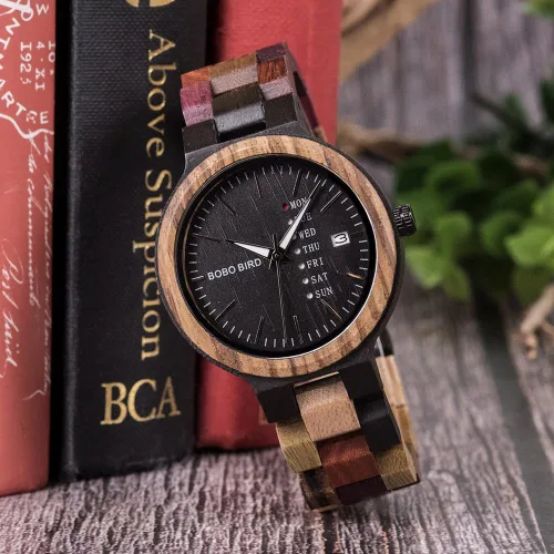 Vista 2 de BOBO BIRD Wood Watches Colorful Wood WristWatches Week & Date Display Multifunction Handmade Quartz Watch Sport Chronograph Unique Wristwatch for
