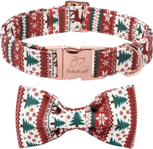 Vista 17 de Collar de Navidad para Perro con Pajarita - Lindo Collar de Cachorro Azul con Patrón Navideño de Cereza y Caramelo, Hebilla de Metal Ajustable