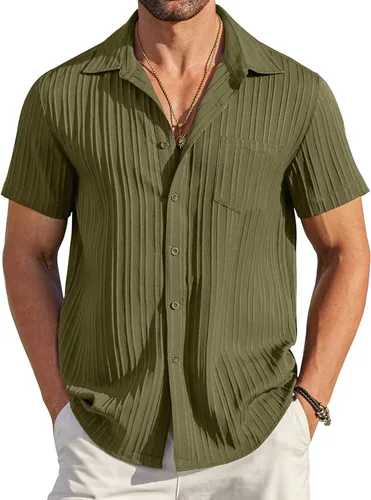 Vista 14 de COOFANDY - Camisas de botones casuales para hombre, de manga corta, con textura, camisa de playa de verano con bolsillo