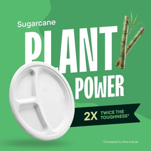 Vista 4 de Platos de papel desechables 100% compostables, 3 compartimentos [10 pulgadas] [paquete de 125] bandejas seccionales para almuerzo + divisores