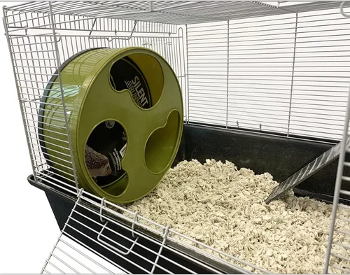 Vista 2 de Silent Runner - Rueda de ejercicio silenciosa, rápida y duradera de 12 pulgadas de ancho + accesorio de jaula - Planeadores de azúcar, degus, ratas