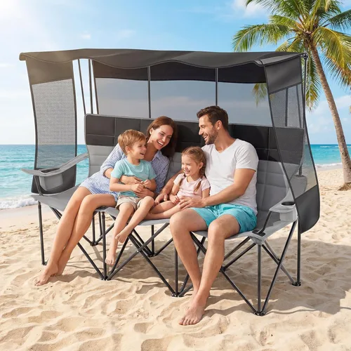 Vista 2 de Teenyyou Silla de camping para 3 personas con toldo – Silla de playa de gran tamaño con protección solar UV, sofá biplaza plegable resistente de 700