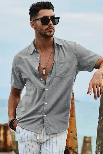 Vista 111 de JMIERR Camisas de vestir a rayas con botones y manga corta para hombre