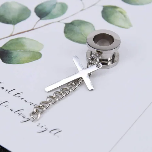 Vista 5 de ZS Vintage Moon Hang Ear Tunnels Plug Acero Inoxidable Tornillo Calibre de Oído Cadena de Plumas Expansor de Oído Túneles de Carne Piercing cruz