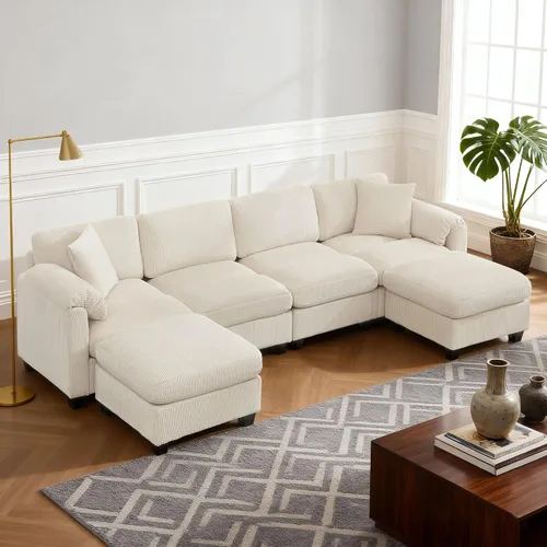 Vista 10 de Sofá modular modular con otomana, sofá de pana de 3 plazas con 2 almohadas, sofá de asiento profundo en forma de L de 88.2 pulgadas con cojín Beige