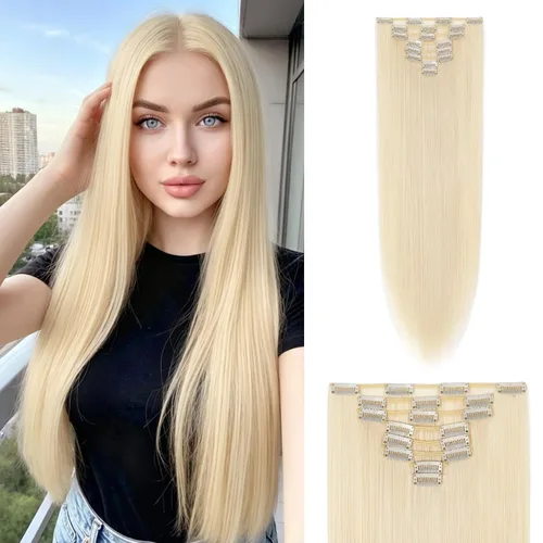 Vista 10 de S-noilite 8 piezas de extensiones de cabello largo con clip para mujer, extensiones de cabello sintético de doble trama, 18 pulgadas, #12H24 Honey
